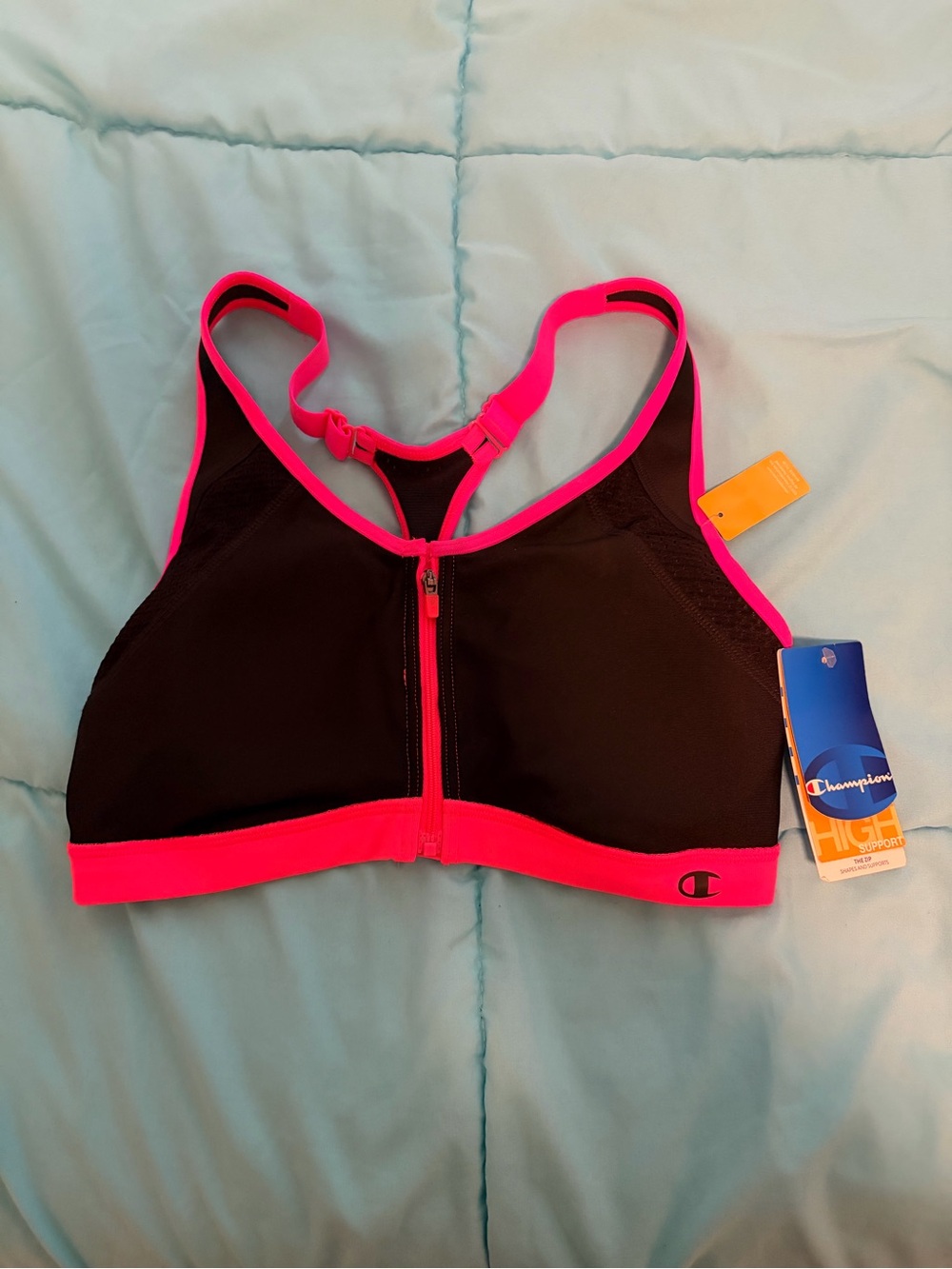 Champion Black and Hot Pink Front Zip Sports Bra